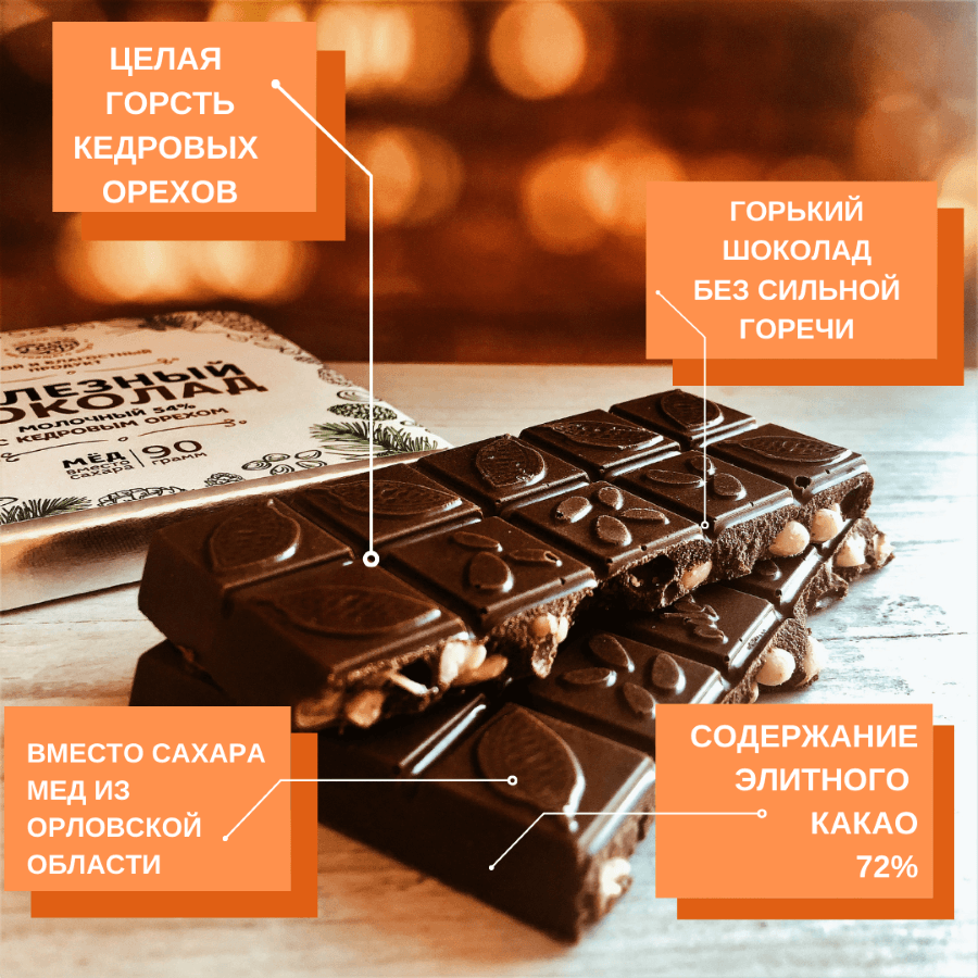 Шоколад горький, 72% какао, на меду, с кедровым орехом — миниатюра 6