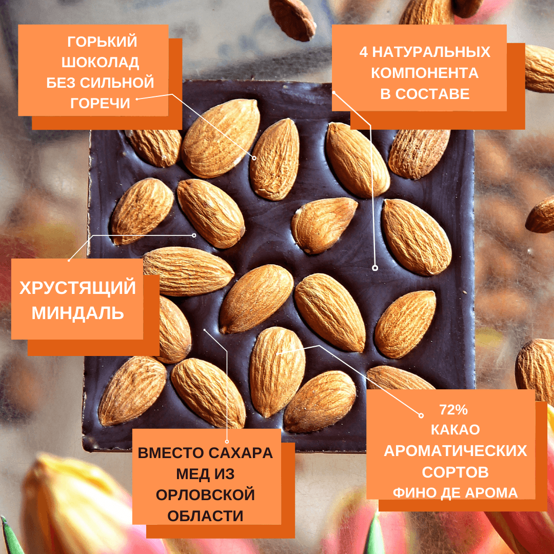 Шоколад горький, 72% на меду Со сладким миндалем — миниатюра 2
